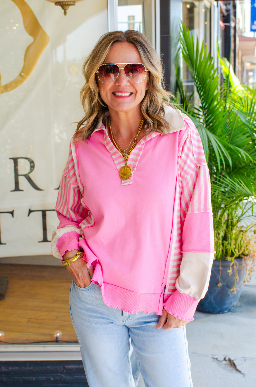 Bold Babe Stripe Trim V-Neck Oversized Top in Pink