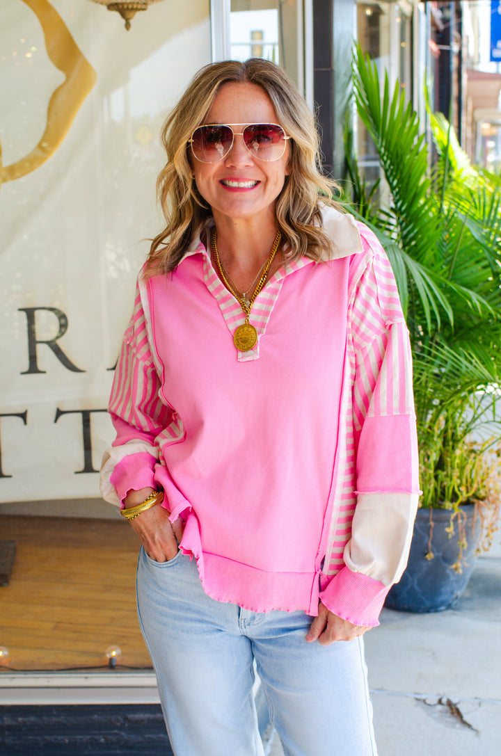 Bold Babe Stripe Trim V-Neck Oversized Top in Pink