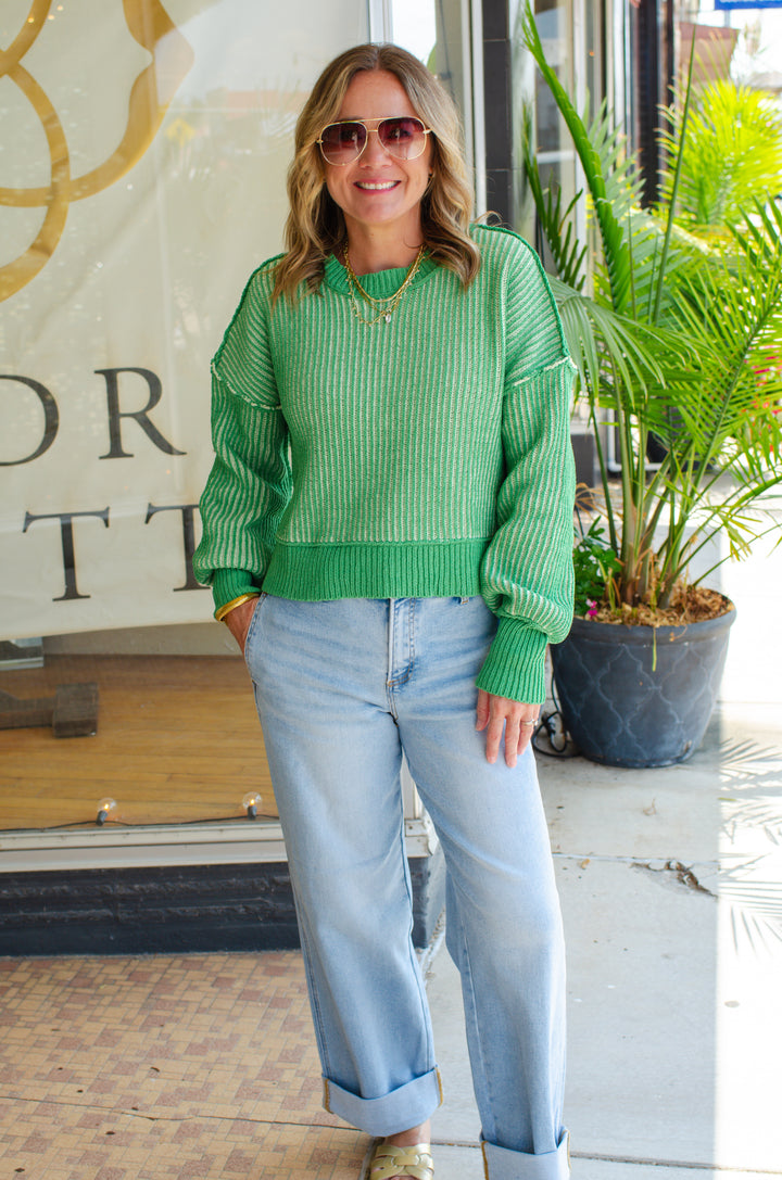 Beacon Of Fun Two Tone Ribbed Sweater Top in Green