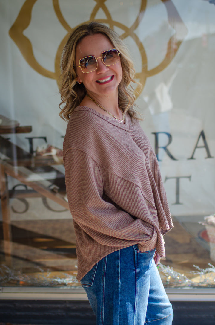 Our Love V-Neck Long Sleeve Side Cut Top in Mocha