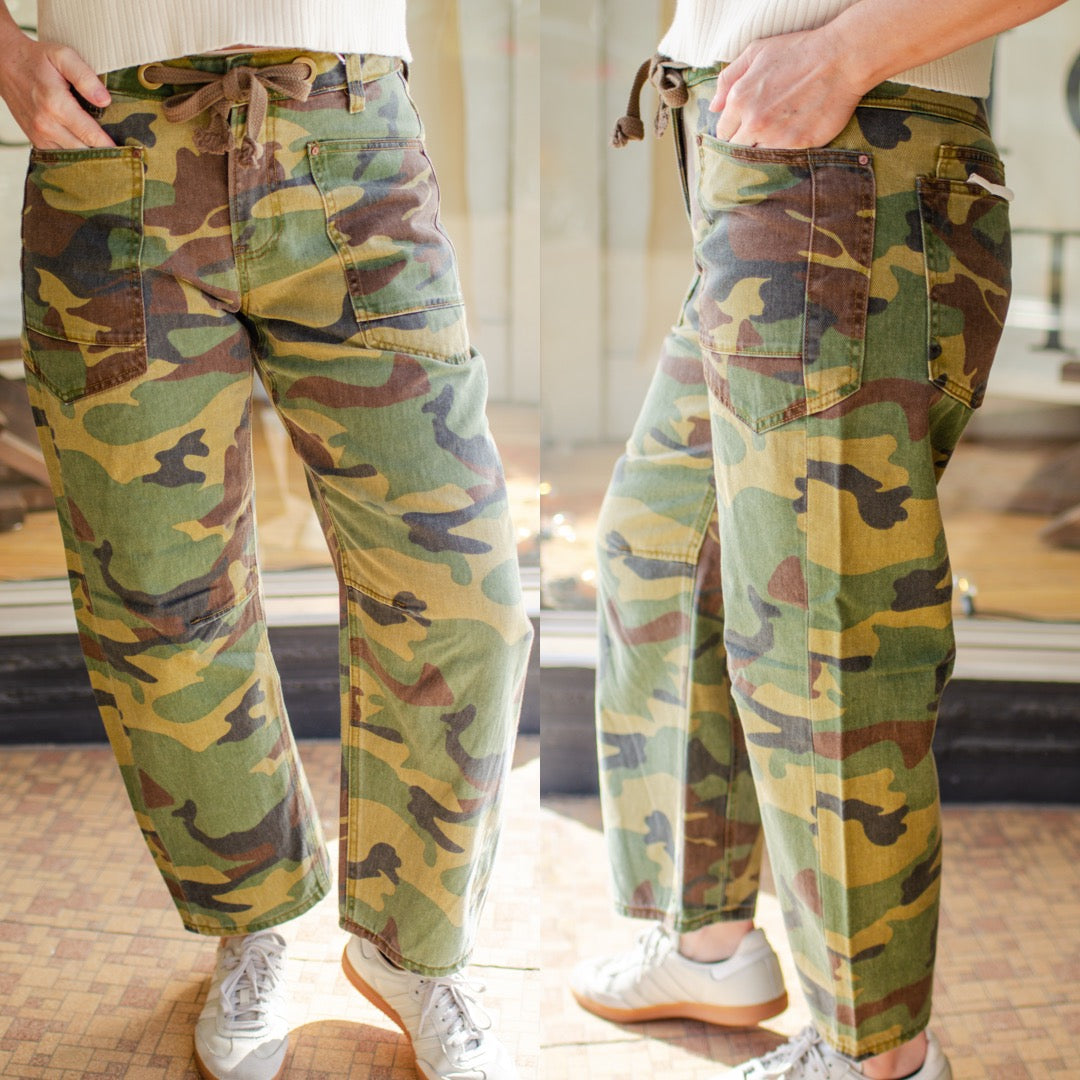 Risen Slouchy Relaxed Crop Barrel Leg Camo Jeans