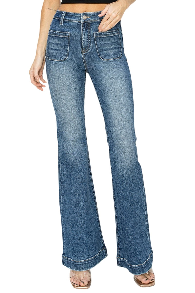 Risen High Rise Patch Pocket Front Flare in Dark Wash