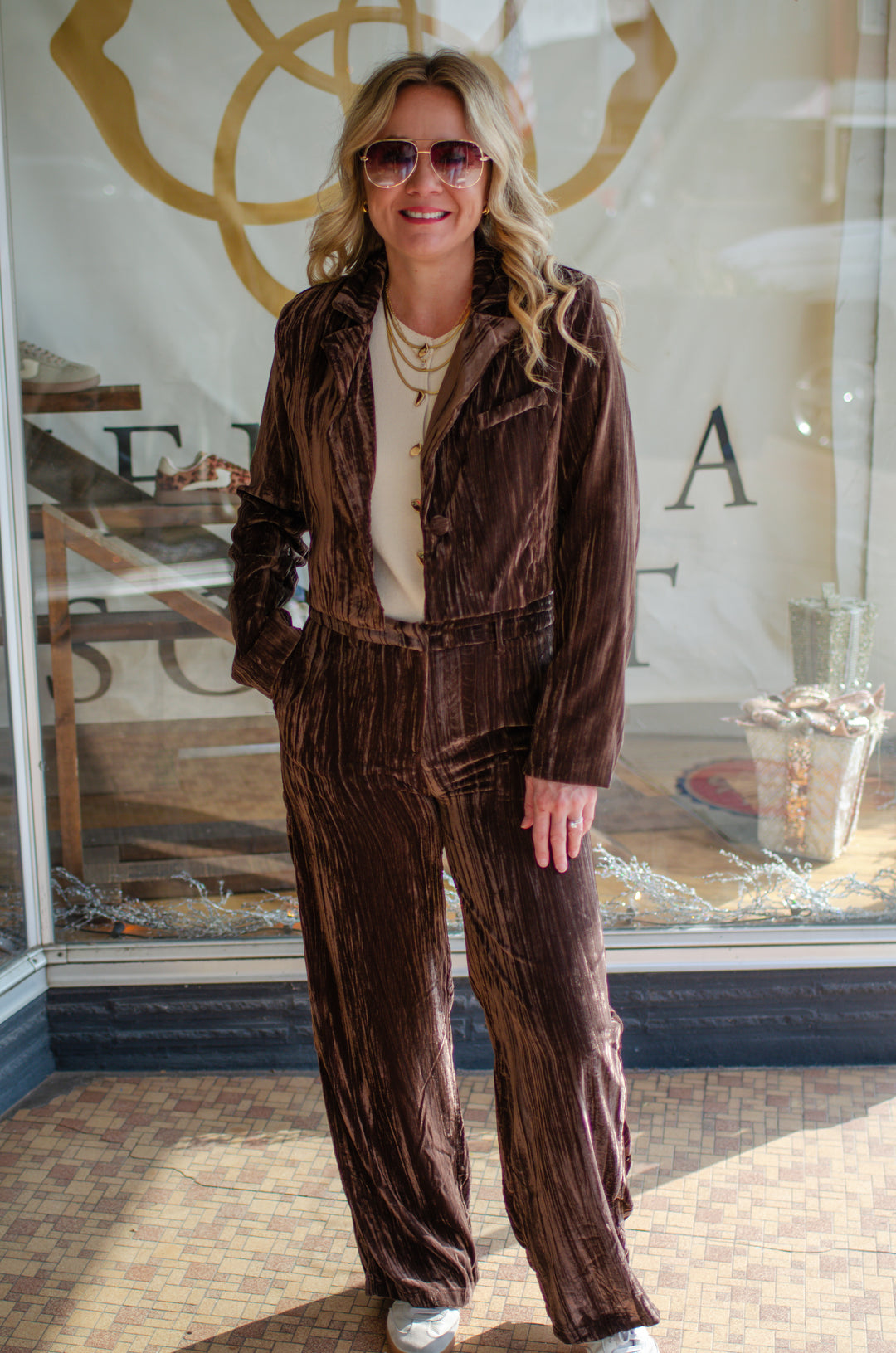 Pure Luxury Chocolate Brown Crushed Velvet Mid Rise Pant