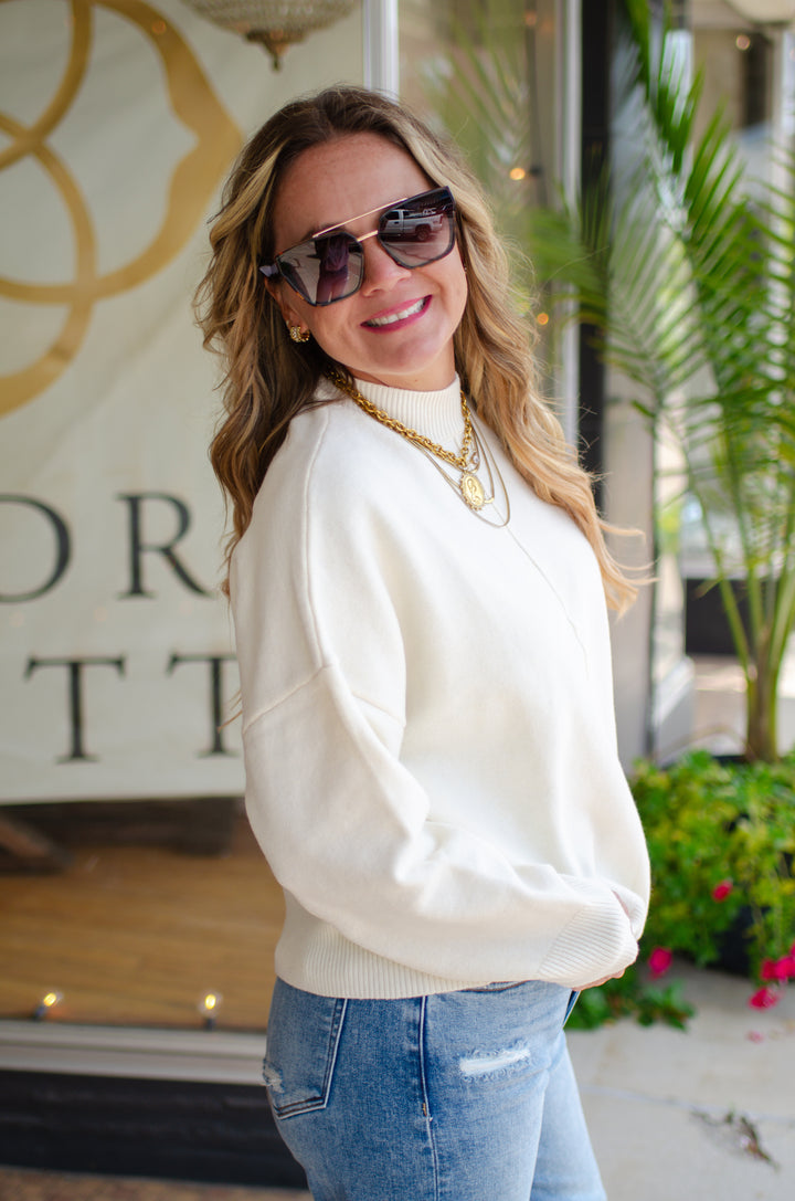 Winter Wish Front Seam Mock Neck Long Sleeve Sweater in Cream