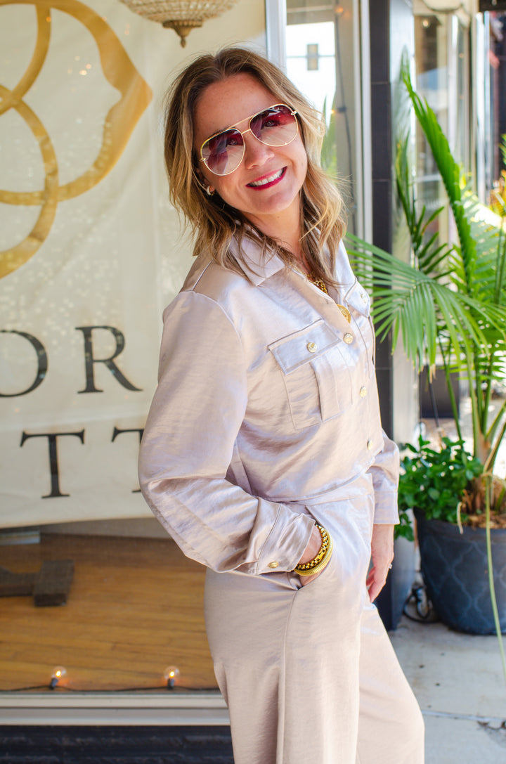 At First Glance Satin Long Sleeve Pocket Front Top in Champagne