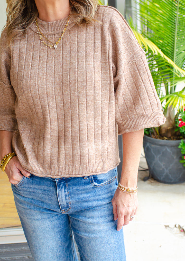 Perfect Fall Short Sleeve Textured Sweater Top in Mocha