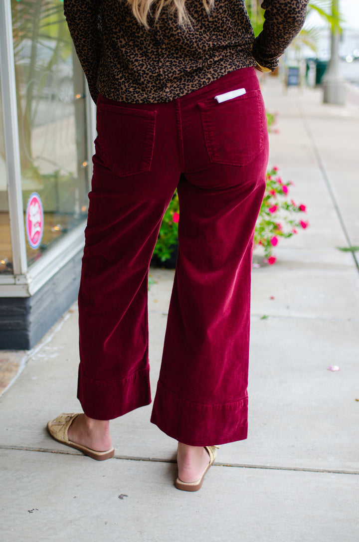 Risen High Rise Crop Wide Corduroy Pants in Wine