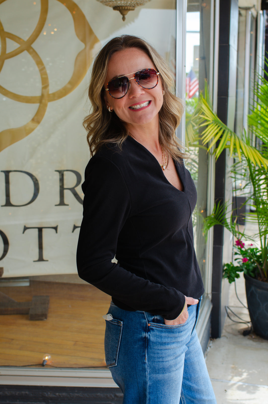 Dreaming of You Fitted Ribbed V-Neck Long Sleeve in Black