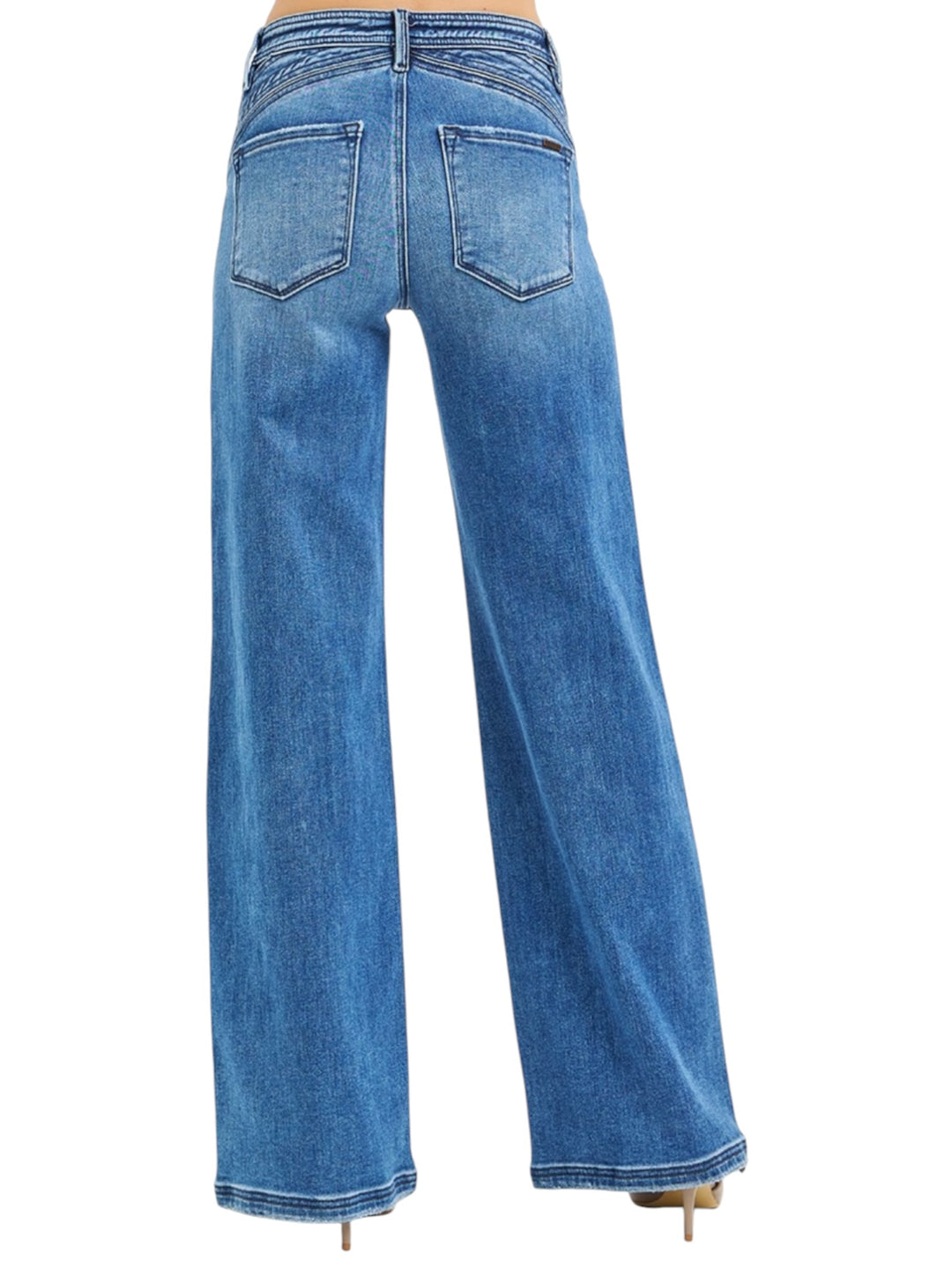 Risen High Rise Wide Leg Waist Detail Jeans in Dark Wash