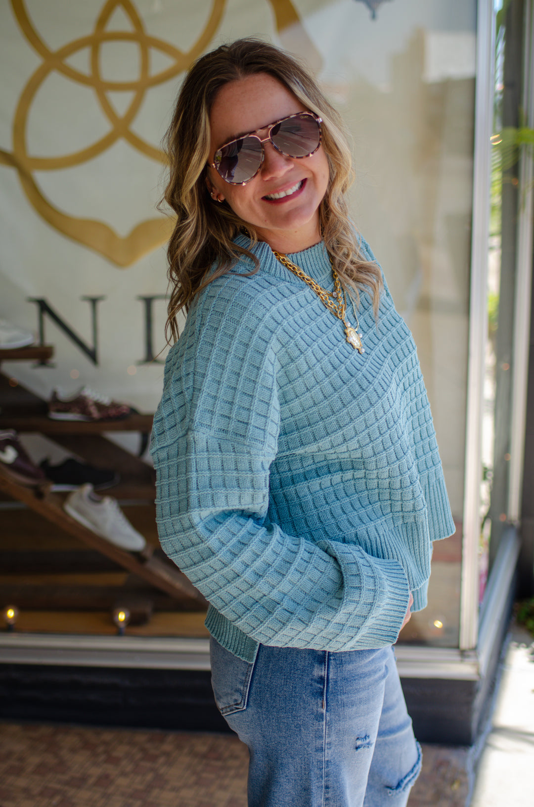 Take It Easy Textured Knit Sweater in Dusty Teal