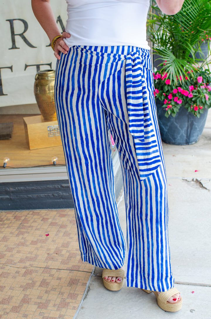 Greek Isle Blue & White Stripe Tie Side Wide Leg Pant
