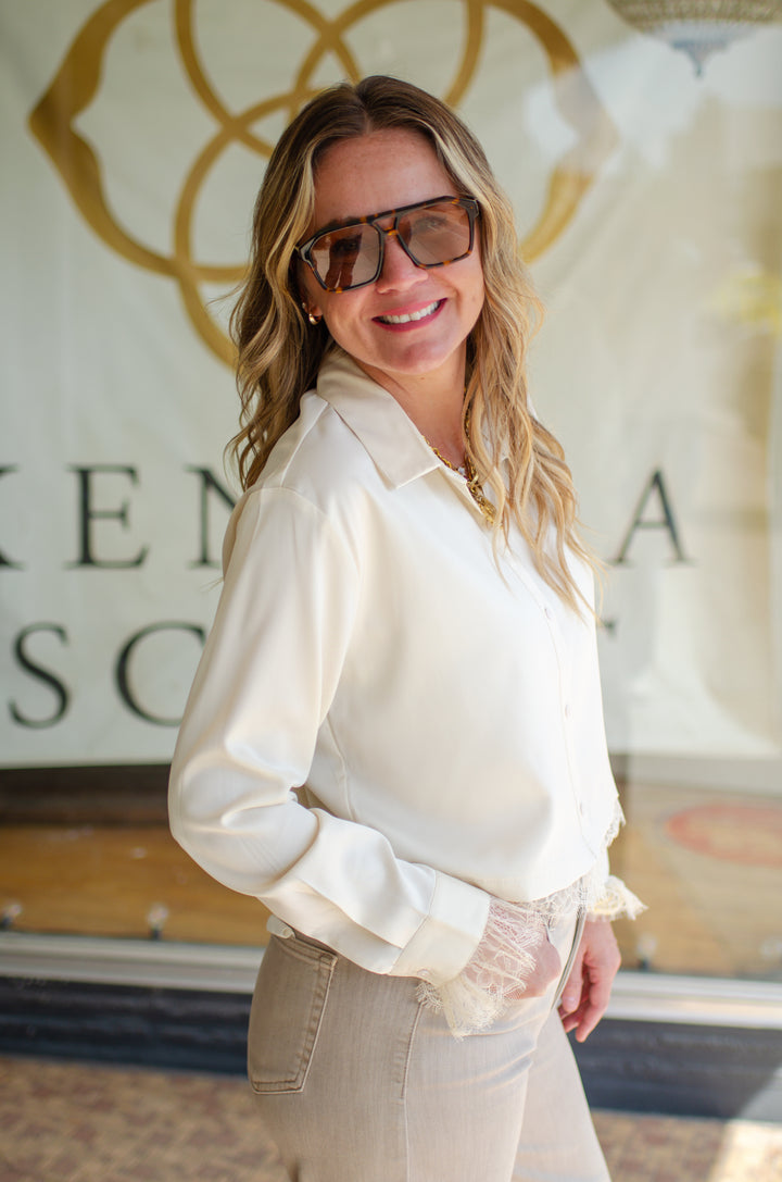 Fall Romance Lace Hem Button Down Collared Champagne Top