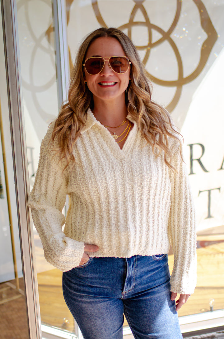 Autumn Chic Collared V-Neck Long Sleeve Soft Knit Sweater in Cream