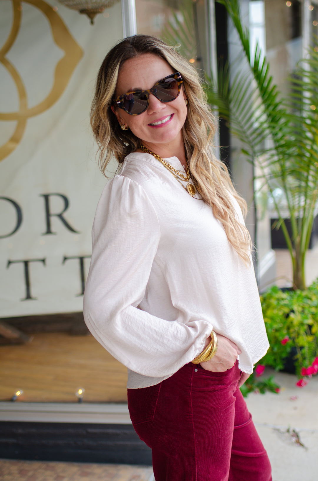 Weekend Romance Silky Button Down Blouse in Champagne