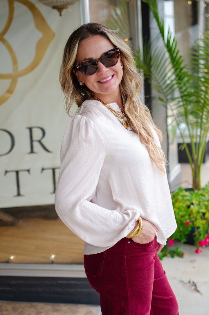 Weekend Romance Silky Button Down Blouse in Champagne