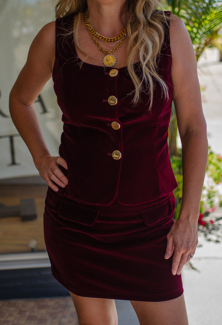 Winter Wish Velvet Button Down Top in Wine