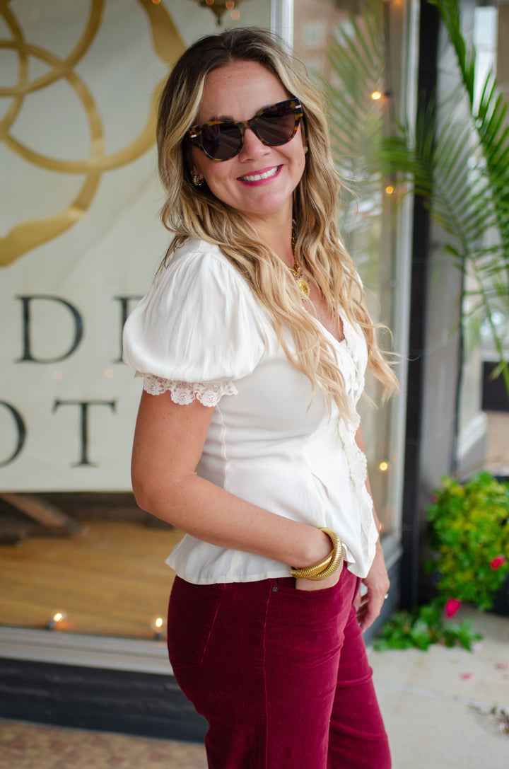 Romantic Nights Lace Trim Button Down Puff Sleeve Blouse in Cream