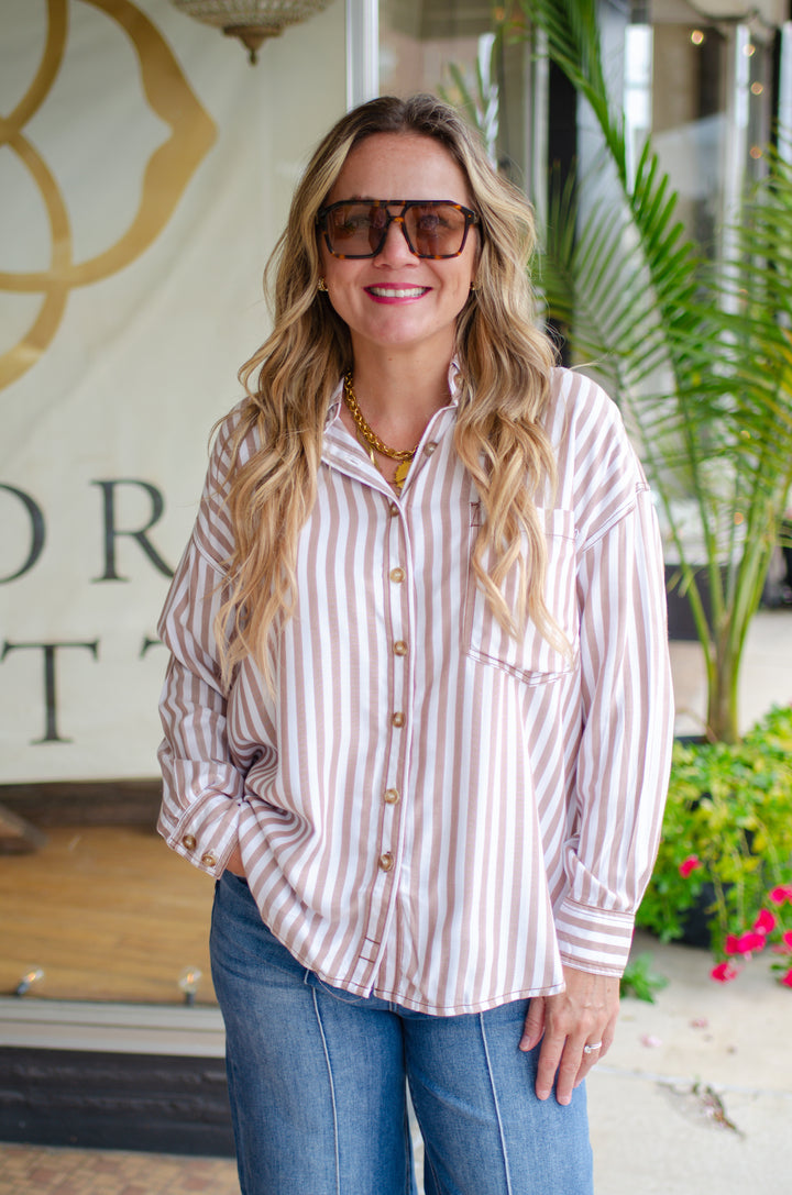 Casual Classic Stripe Collared Button Down Long Sleeve Shirt in Brown