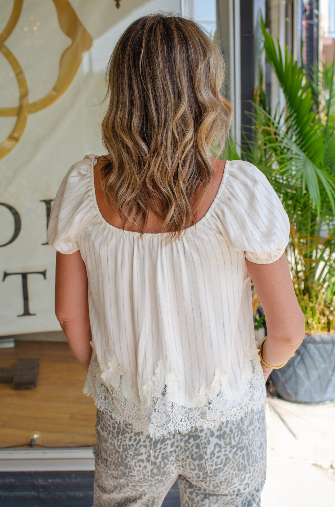 Whimsical Memories Silky Stretch Neckline Top in Lace Hem in Cream