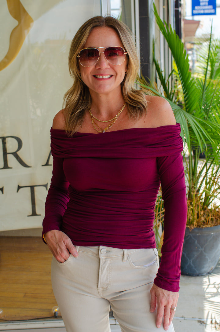 Casual Sophistication Off-the-shoulder Top in Plum