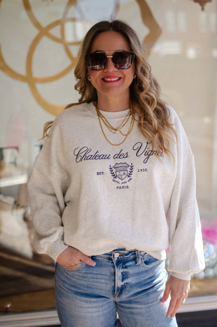 Paris Embroidered Ultra Soft Sweatshirt in Heather Grey