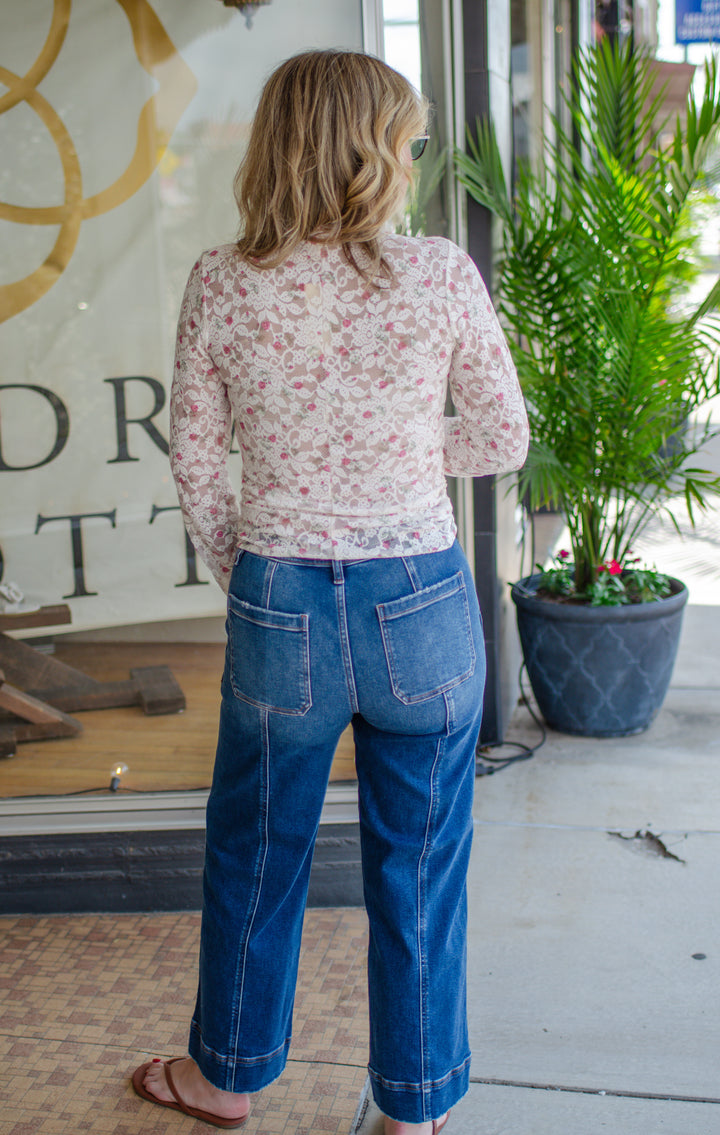 Risen High Rise Crop Straight Front Seam Detailed Jeans in Dark Wash