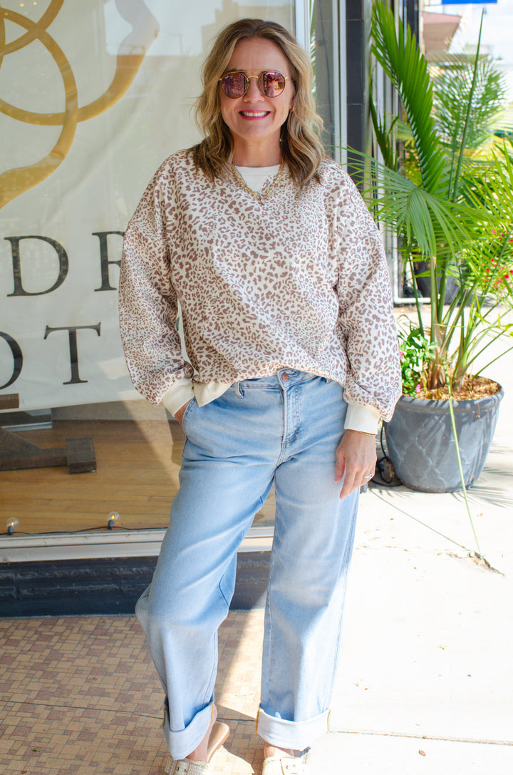 Always Reminiscing Leopard Sweatshirt Top in Camel Leopard