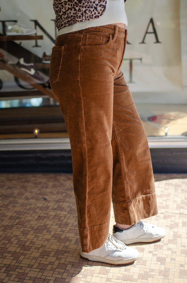 Risen High Rise Crop Wide Corduroy Pants in Camel