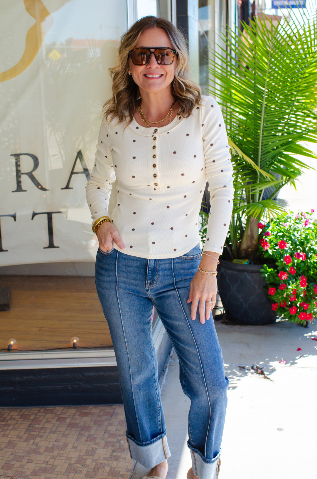 Count On Me Polka Dot Button Down Long Sleeve Fitted Top in Cream