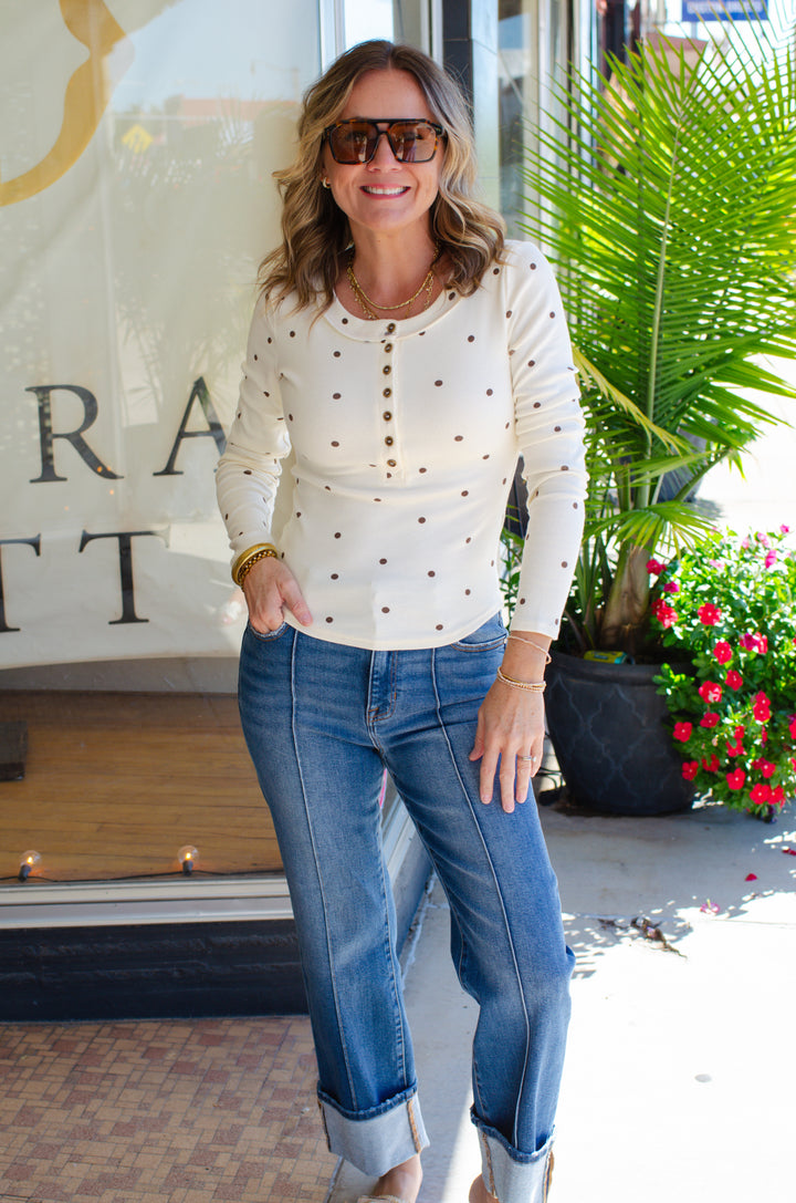 Count On Me Polka Dot Button Down Long Sleeve Fitted Top in Cream