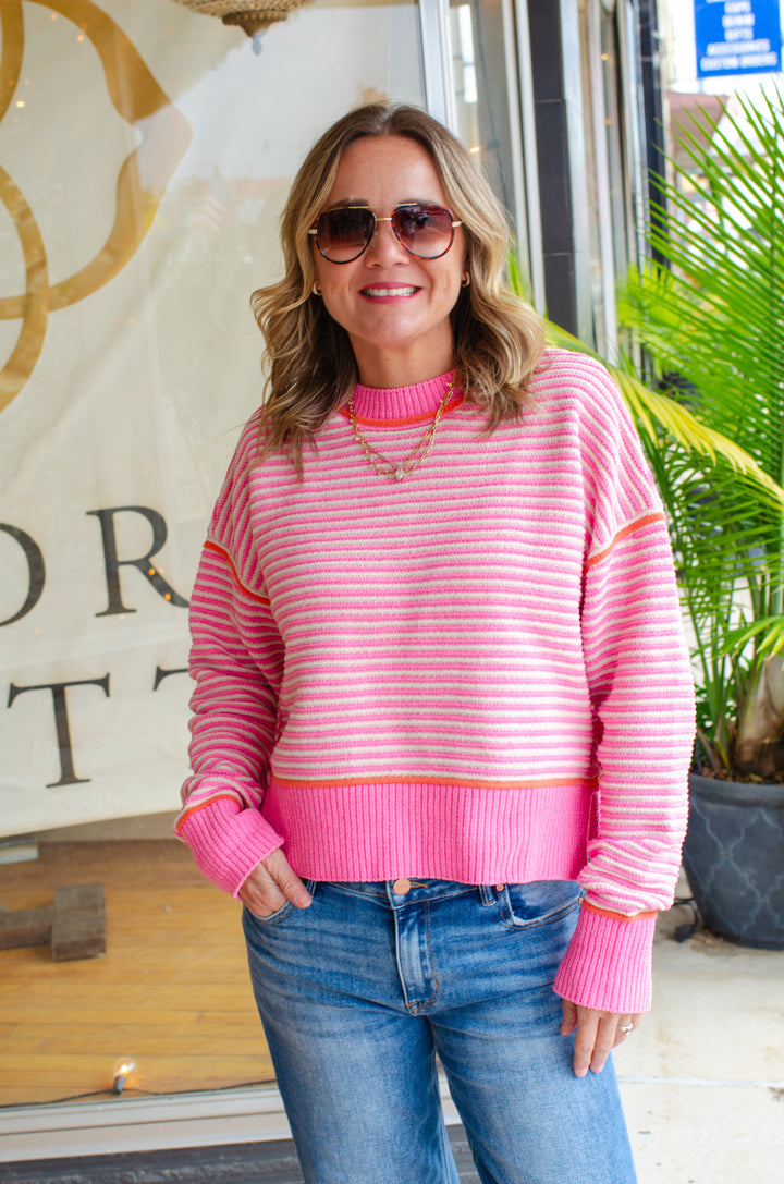 Get Cozy Soft Ribbed Knit Round Neck Color Block Sweater in Pink