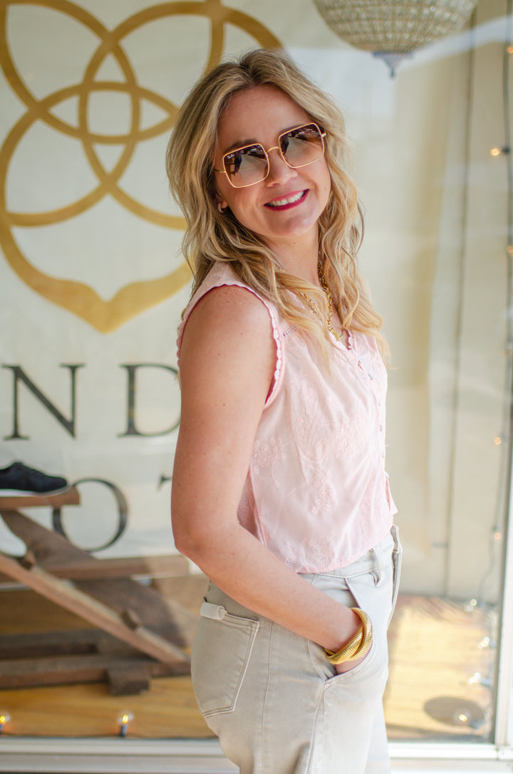 Sweet Selections Embroidered Lace Trim Top in Blush