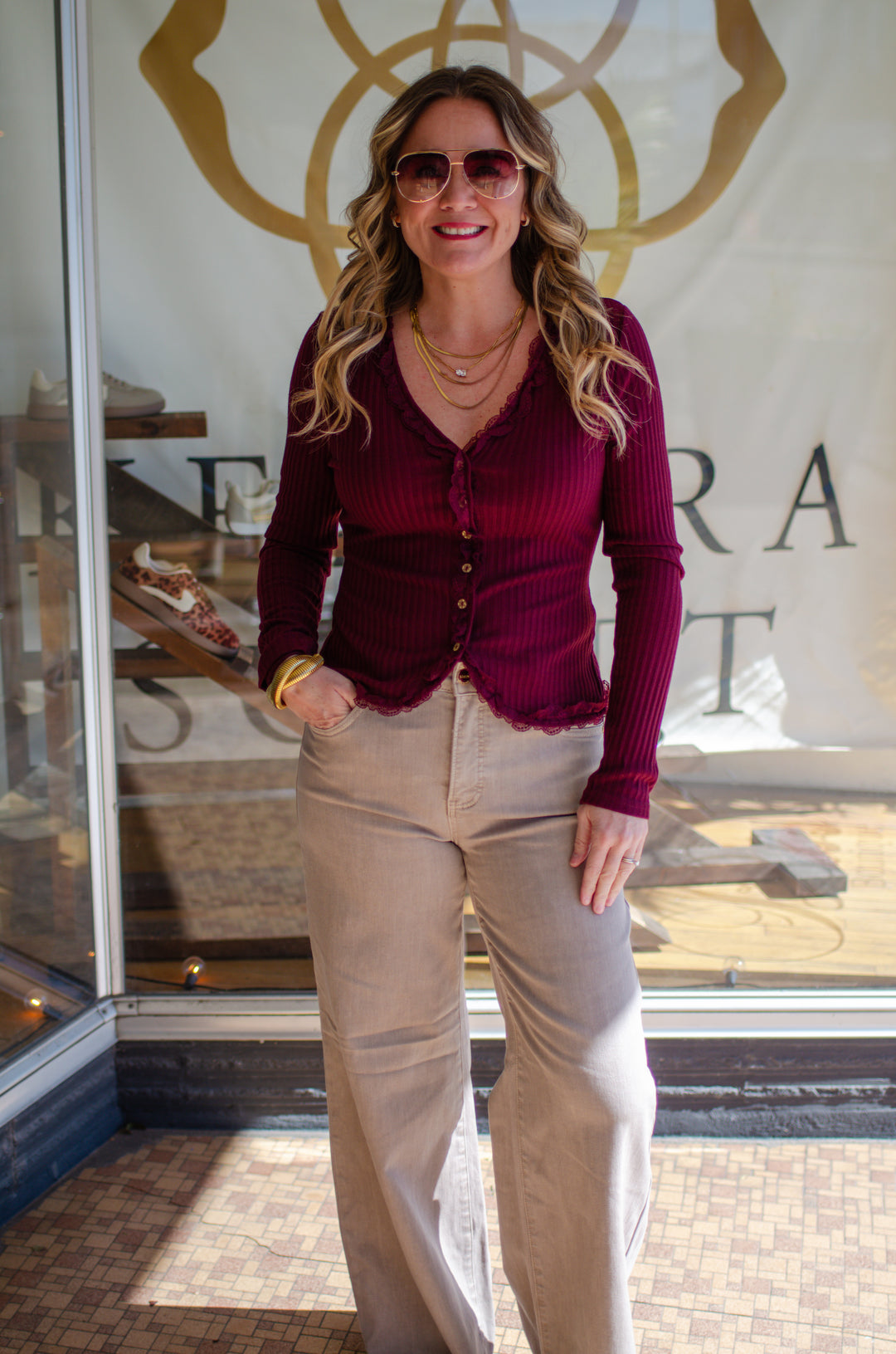 Our Love Button Down Lace Trim Knit Top in Wine