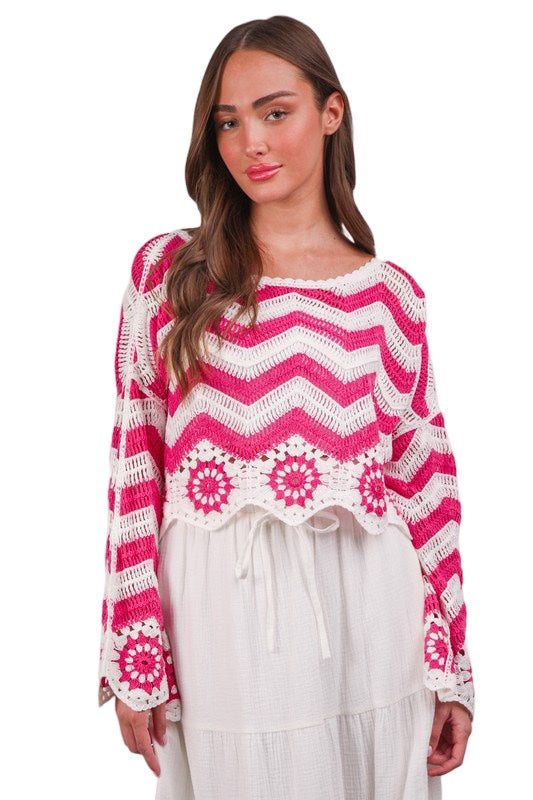 Pink Boho Crochet Knit Long Sleeve Top in Hot Pink