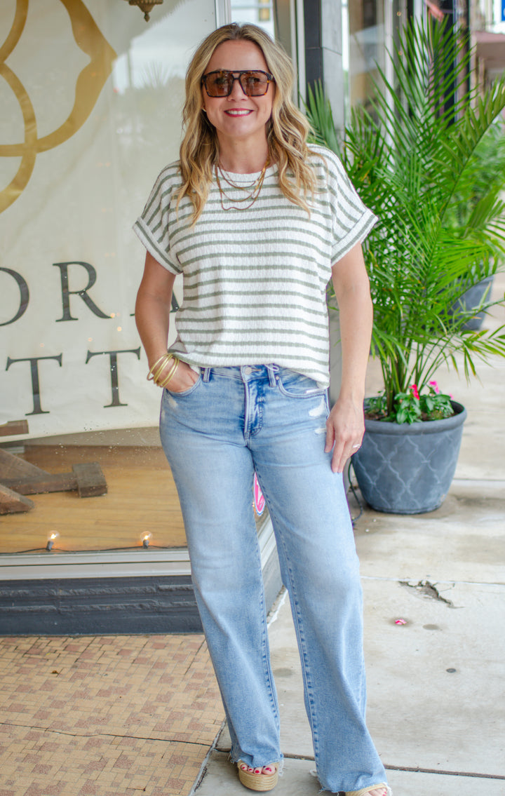 Risen Tummy Control Mid Rise Wide Leg Jeans in Light Wash
