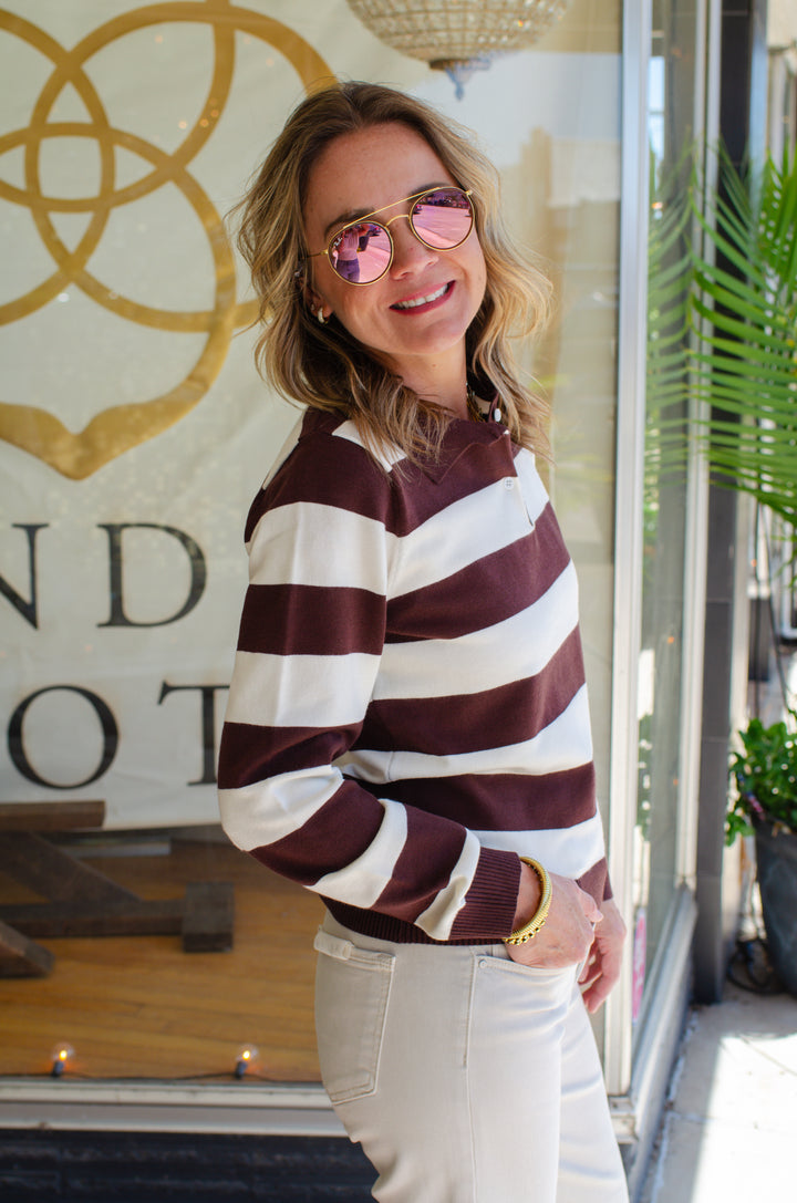 Take It In Stride Stripe Collar Sweater Top in Chocolate & Off White