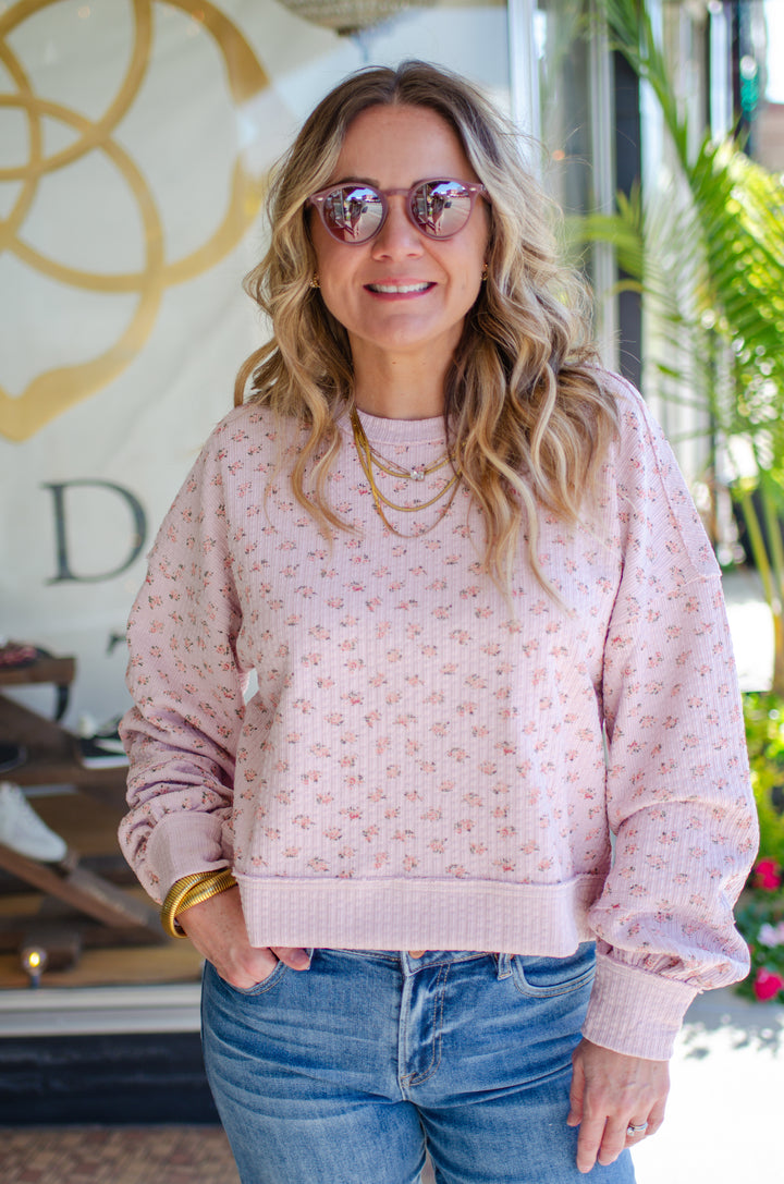 Fall Bouquet Floral Round Neckline Long Sleeve Top in Pink