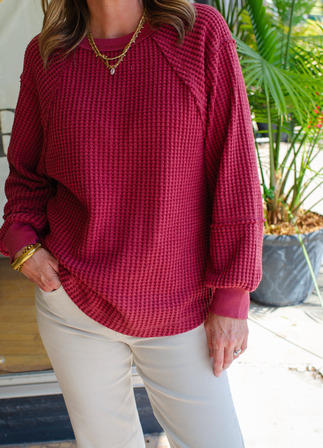 Warm Wished Waffle Long Sleeve Top in Burgundy