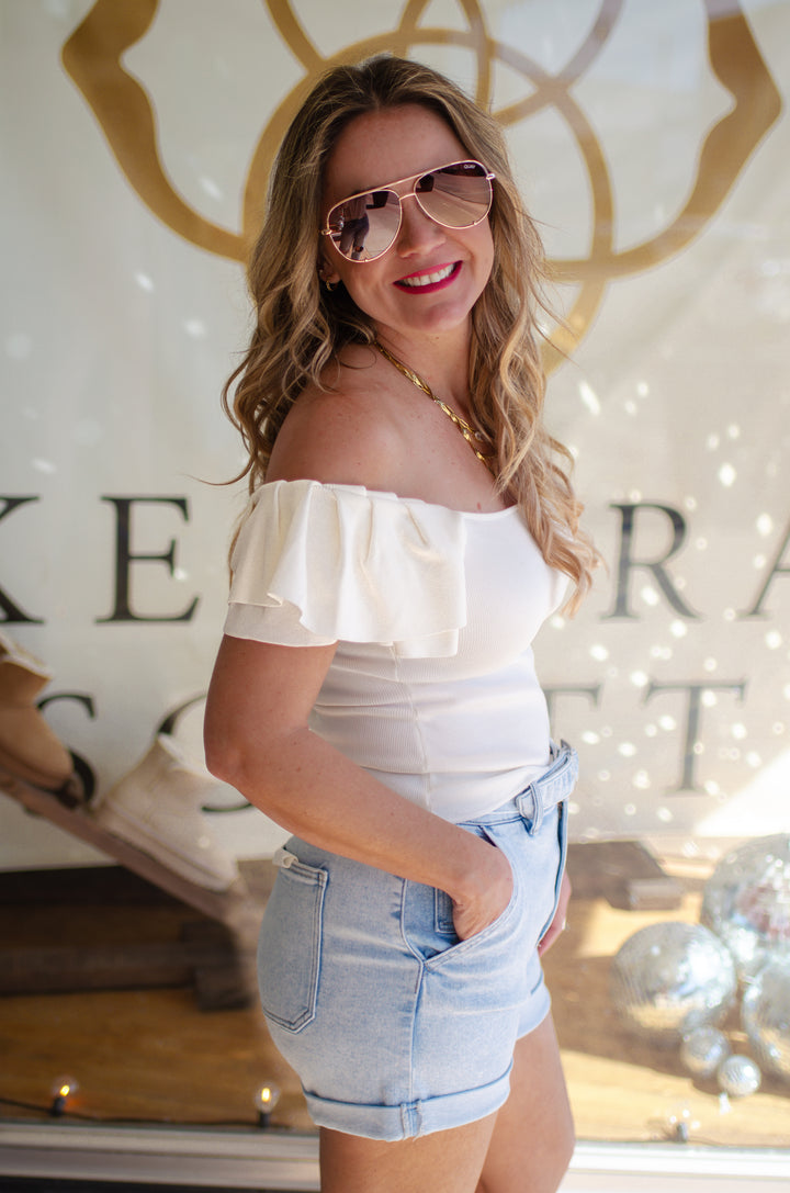 Sweet As Can Be Knit Ruffled Sleeve Fitted Top in White