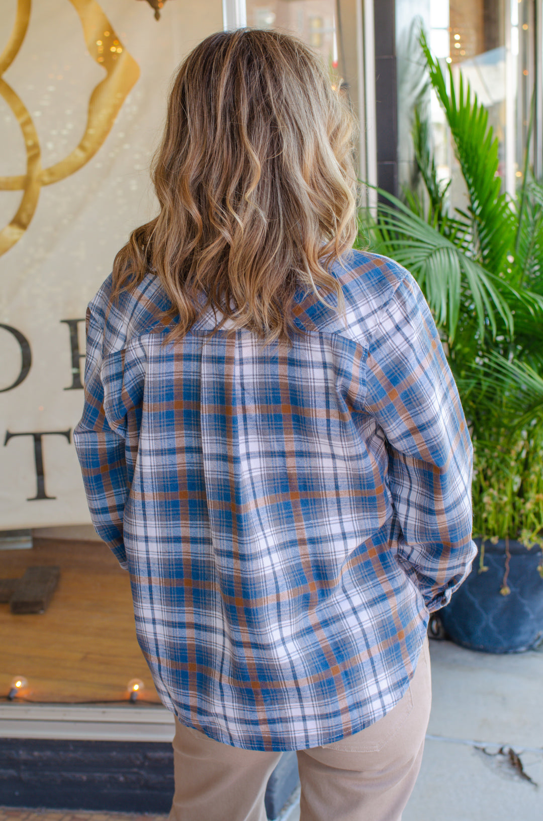 Fall Feels Lightweight Button Down Plaid in Blue/Taupe Mix