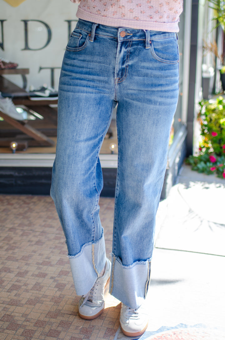 Risen Mid Rise Crop Wide Cuff Jeans in Medium Wash