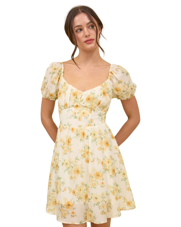 Tea Time Floral Corset Top Tie Back Dress in Yellow