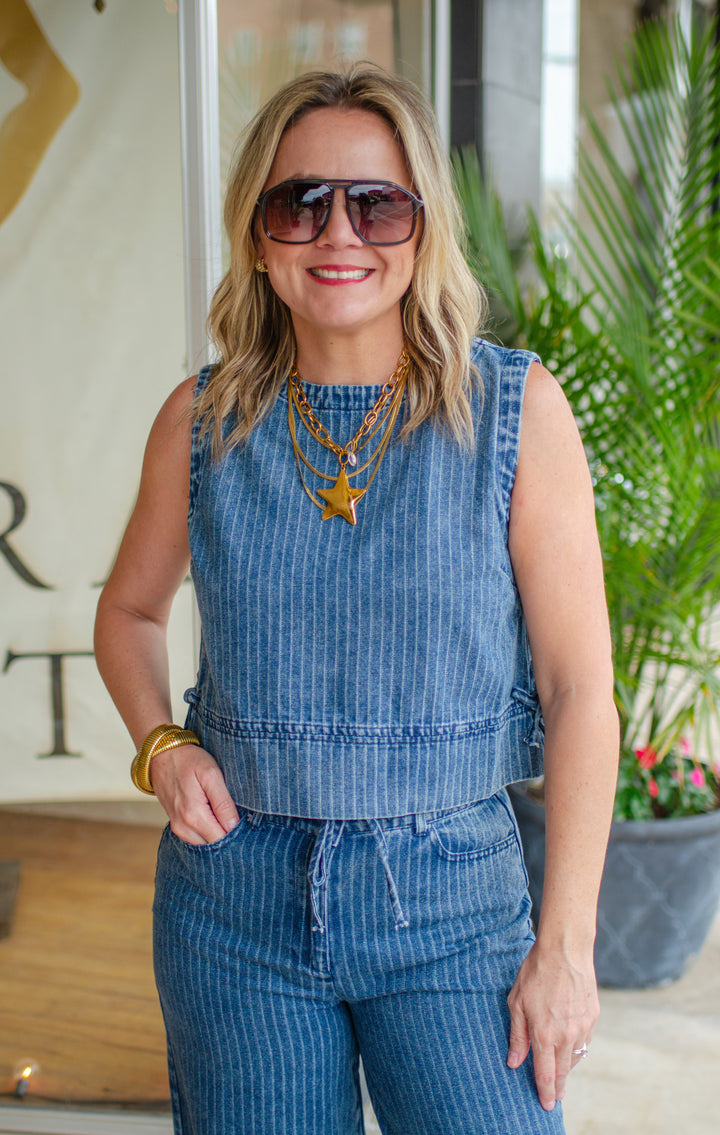 Bold Denim Pinstripe Stretch Tie Front Wide Leg Pants in Dark Denim