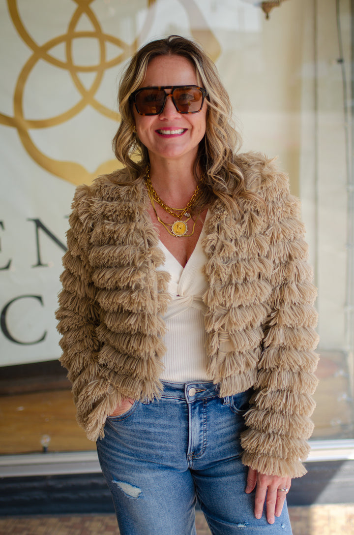 Almost Famous Shag Cropped Jacket in Taupe