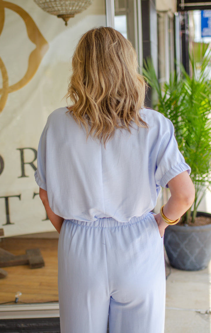 Summer Solstice Dolman Sleeve Bubble Hem Top in Powder Blue