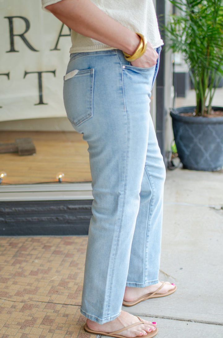 Risen Tummy Control High Rise Crop Straight Leg Jeans in Light Wash