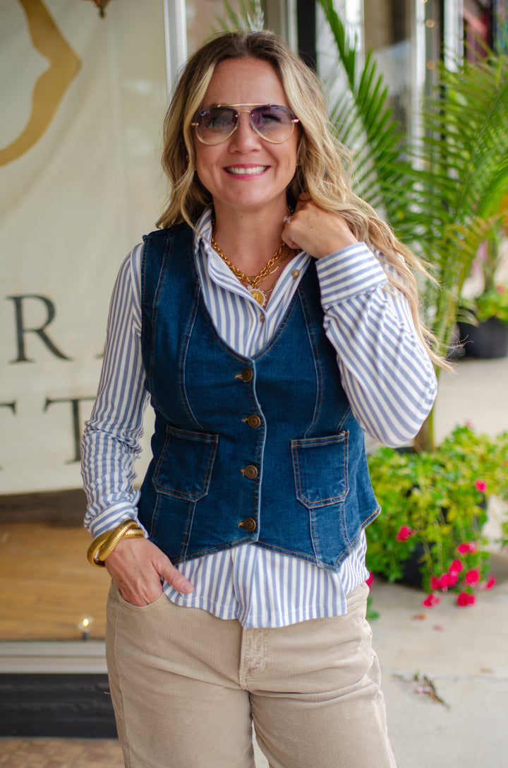 Night Out Denim V-Neck Button Down Vest in Dark Denim