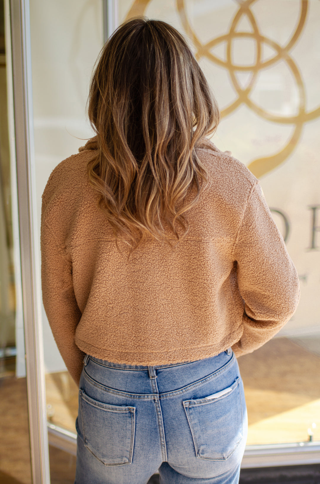 Your Like Home Shearling Cropped Button Front Jacket with Pockets in Camel