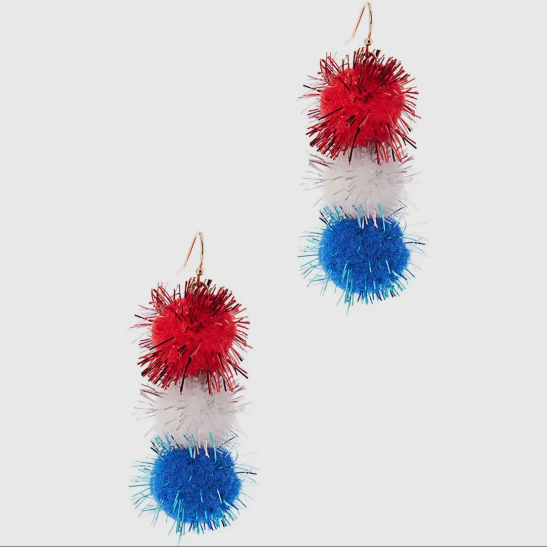 Red, White & Blue USA Theme Pom Pom Hook Earrings