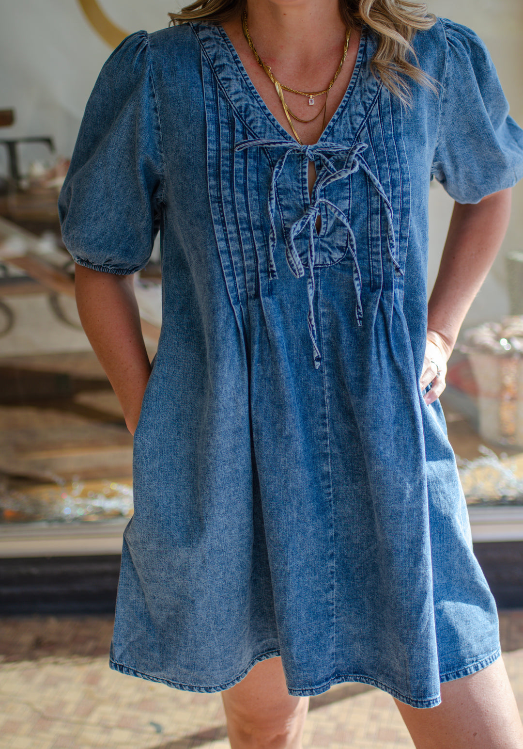 Spin Me Around Ruched Front Swing Denim Dress